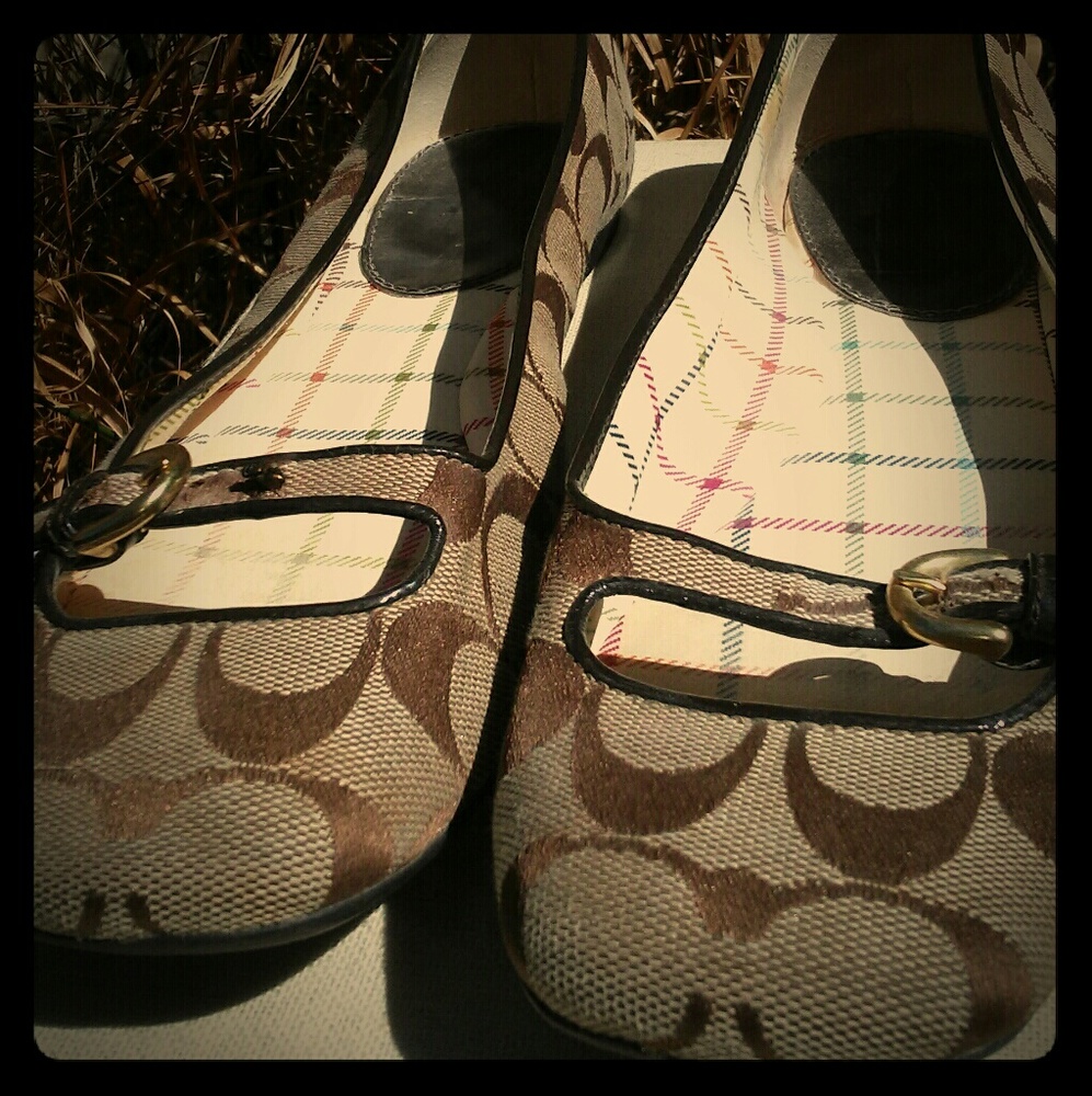 Coach Beige and Brown Signature Canvas Flats
